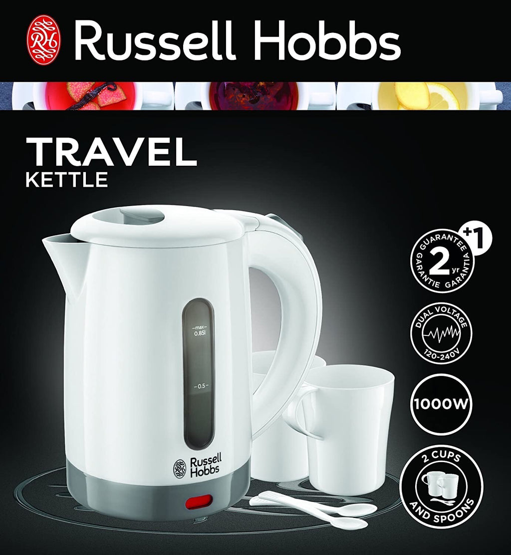 Electric Travel Kettle 1000W Russell Hobbs 23840 Compact Jug 0.85L 2 Cups Spoon