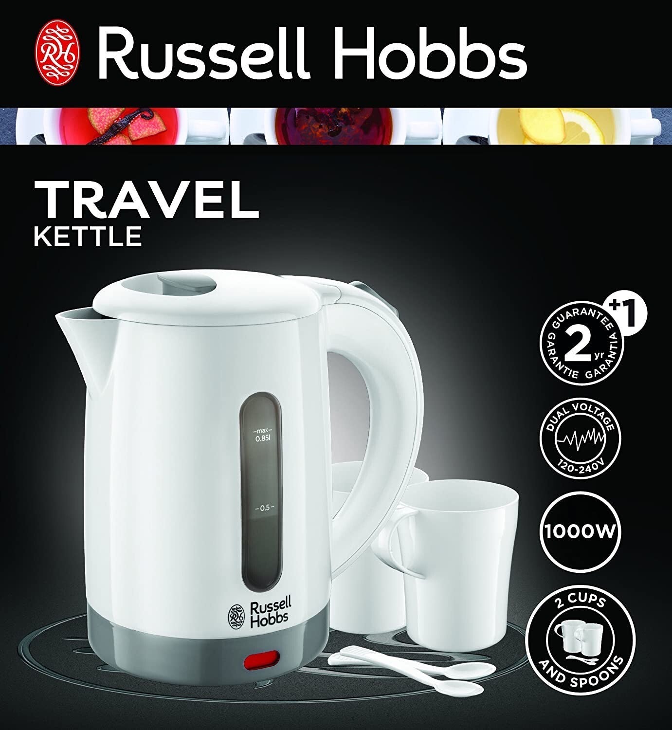 Electric Travel Kettle 1000W Russell Hobbs 23840 Compact Jug 0.85L 2 Cups Spoon